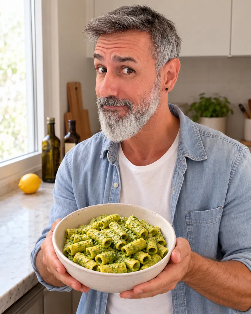 Jonathan Aguilar en su cocina con un bol de macarrones con pesto de rúcula