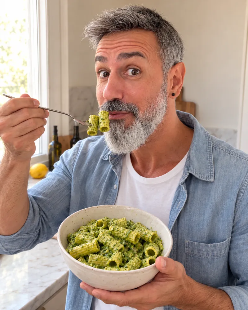Jonathan Aguilar probando un bocado de macarrones con pesto de rúcula
