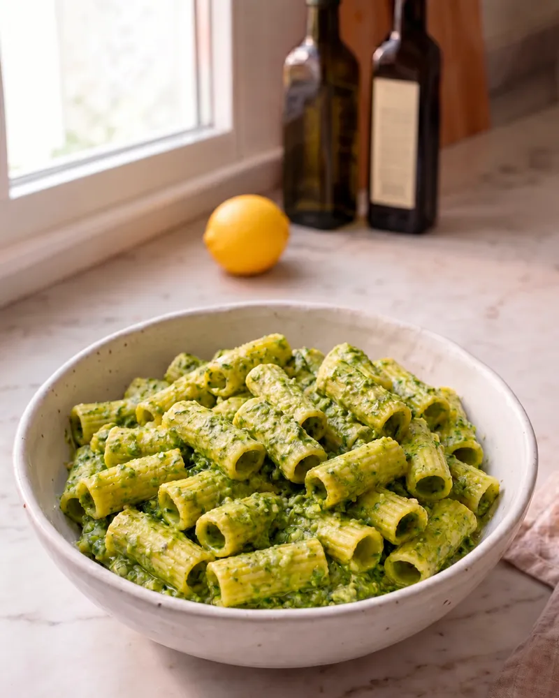 Bol de macarrones con pesto verde de rúcula, alubias blancas y nueces