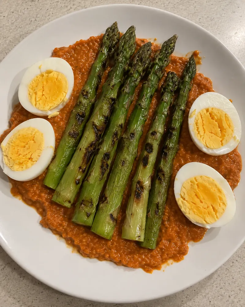 Plato con salsa romesco naranja de pimiento asado y almendra, espárragos verdes a la plancha y 2 huevos cocidos partidos por la mitad