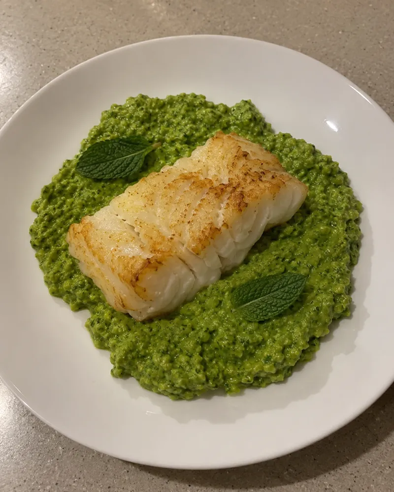 Lomo de merluza a la plancha sobre una cama de pesto verde de guisantes y hierbabuena, con unas hojas de hierbabuena